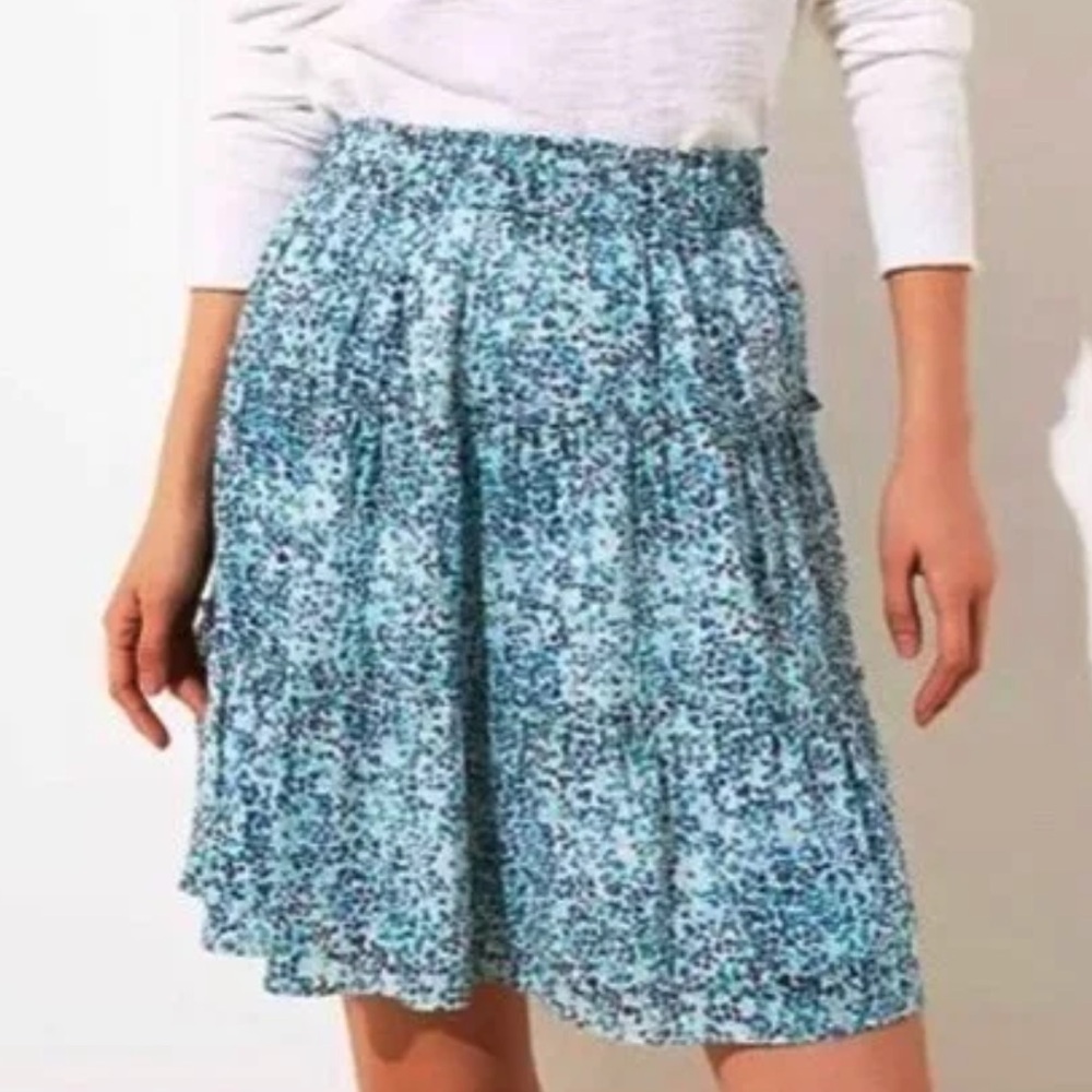 LOFT Womn Petite SP Blue Floral Wildflower Boho Pull-On Tiered Flippy Mini Skirt